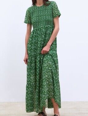 Zara Green & White Ditzy Floral Tiered Smocked Short Sleeve Maxi Dress
